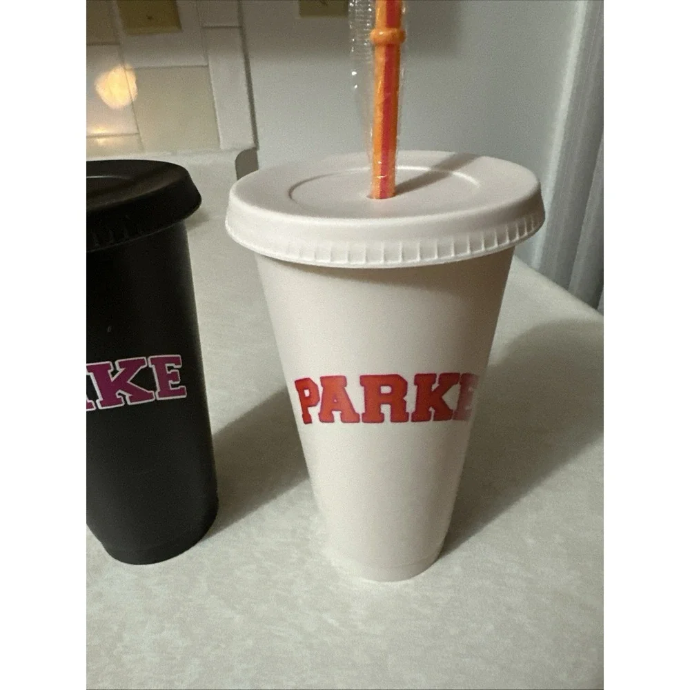 New DD Dunkin Donuts - Parke Tumbler Cup Set of 2 w/Straws *HTF* Black & White